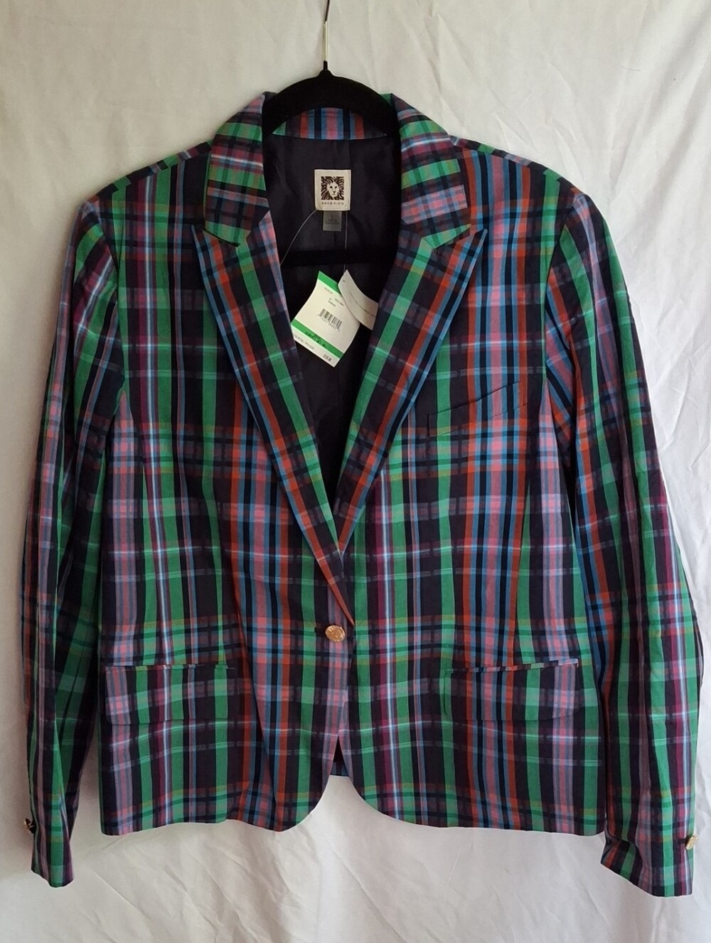 Anne Klein Navy Lined Plaid Blazer with Teal and Purple Accents